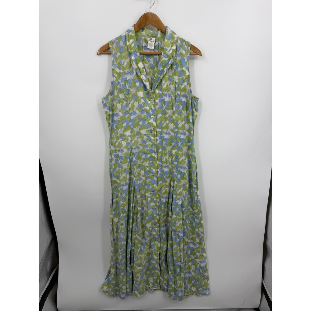Anokhi Sleeveless Button Front Midi Dress Womens 14 Green Blue Floral Cotton